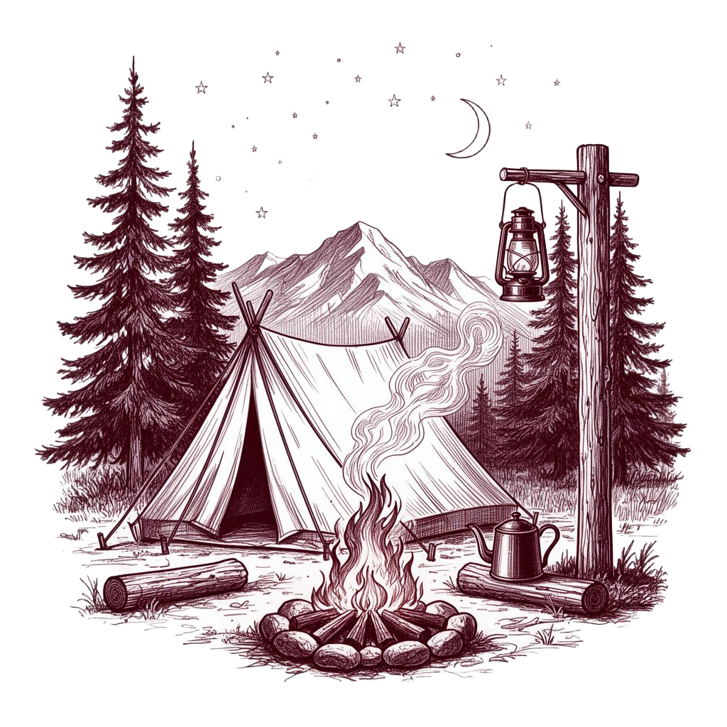 Vintage engraving of a campsite with tent, campfire, lantern and pine trees
