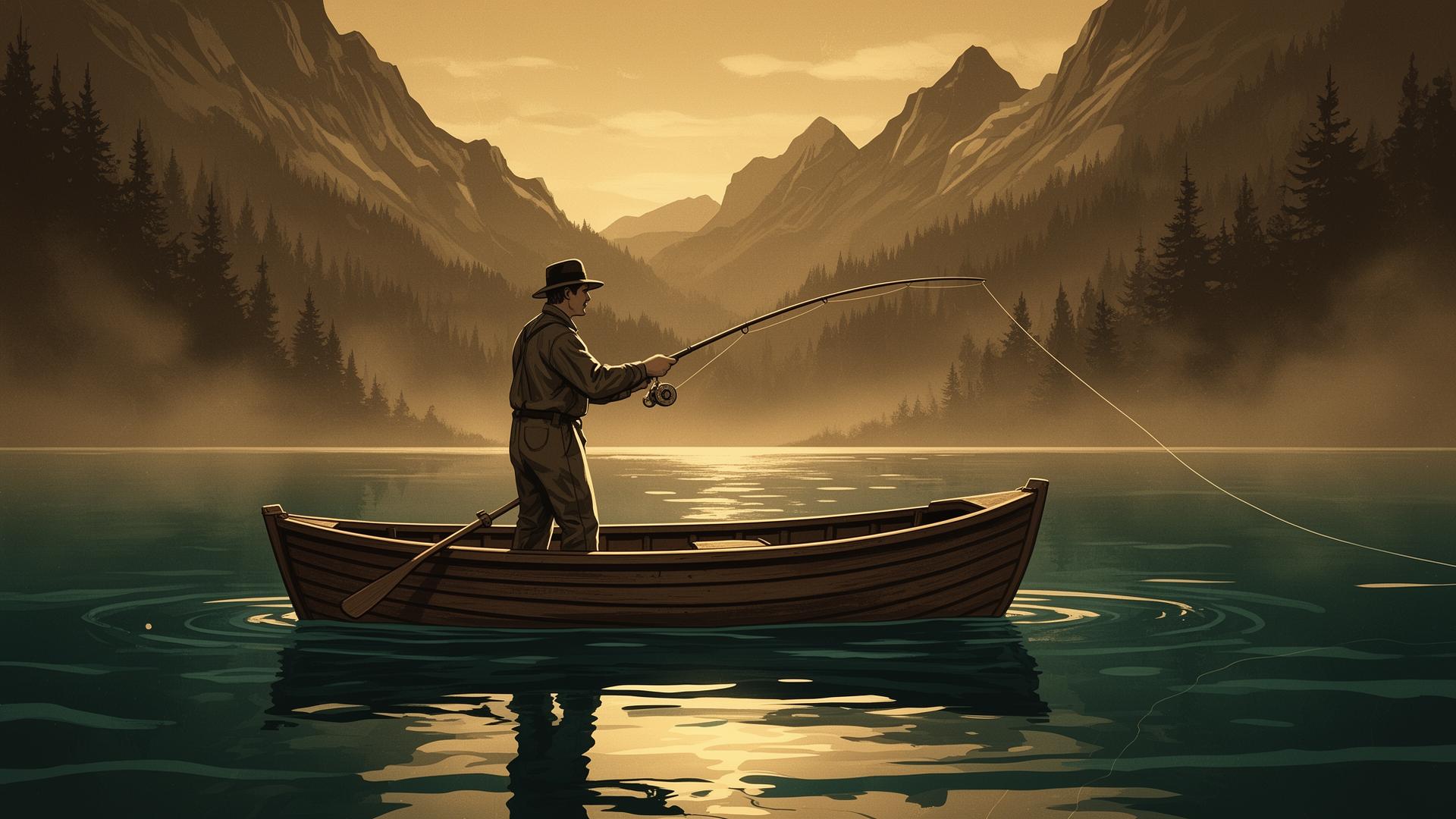 Angler casting at dawn on a misty mountain lake